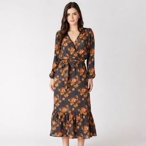 NWT Devoted Floral Wrap Dress Boho Midi Long Sleeve Tie Waist Navy Fall